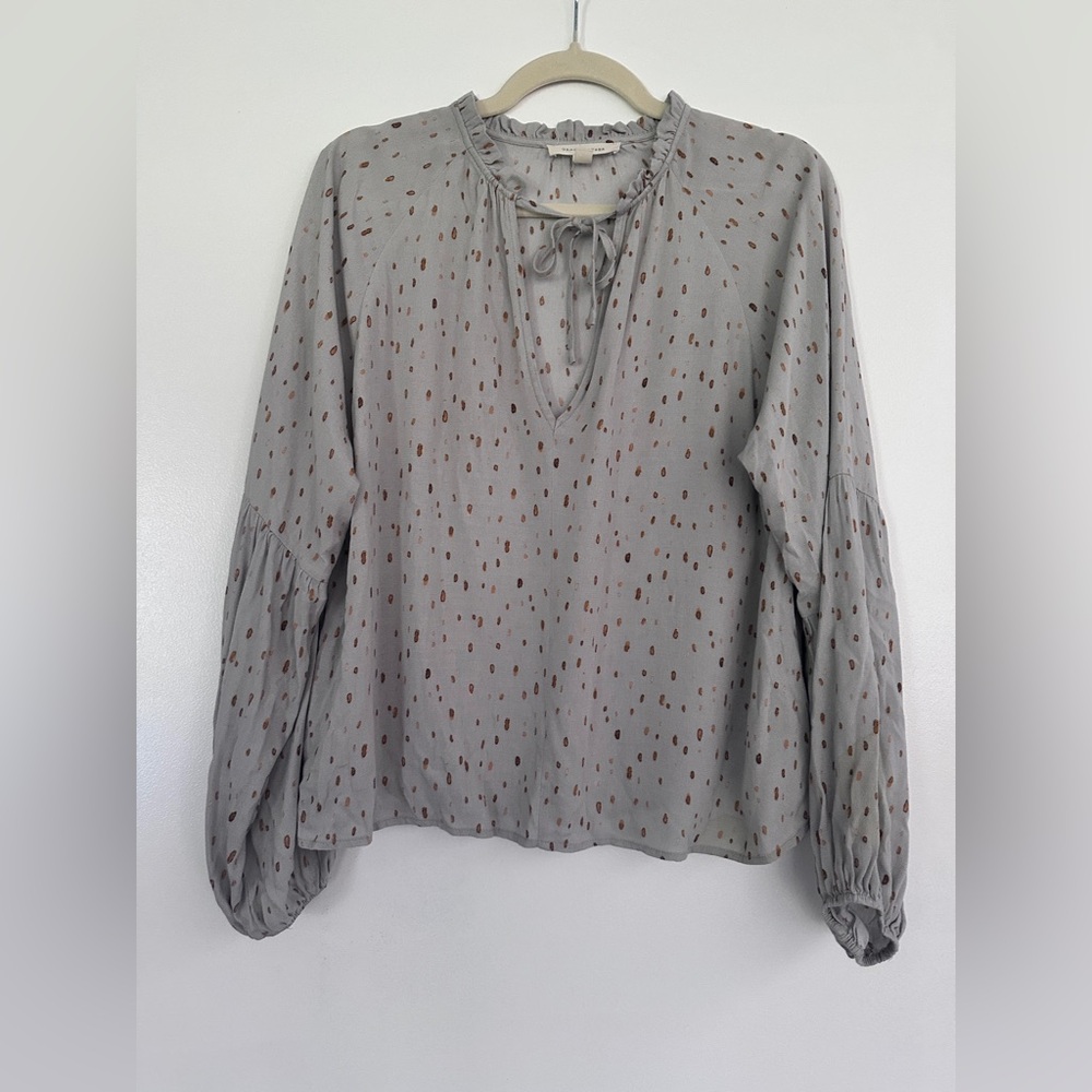 Gray Relaxed Tie Front Blouse with Long Sleeves